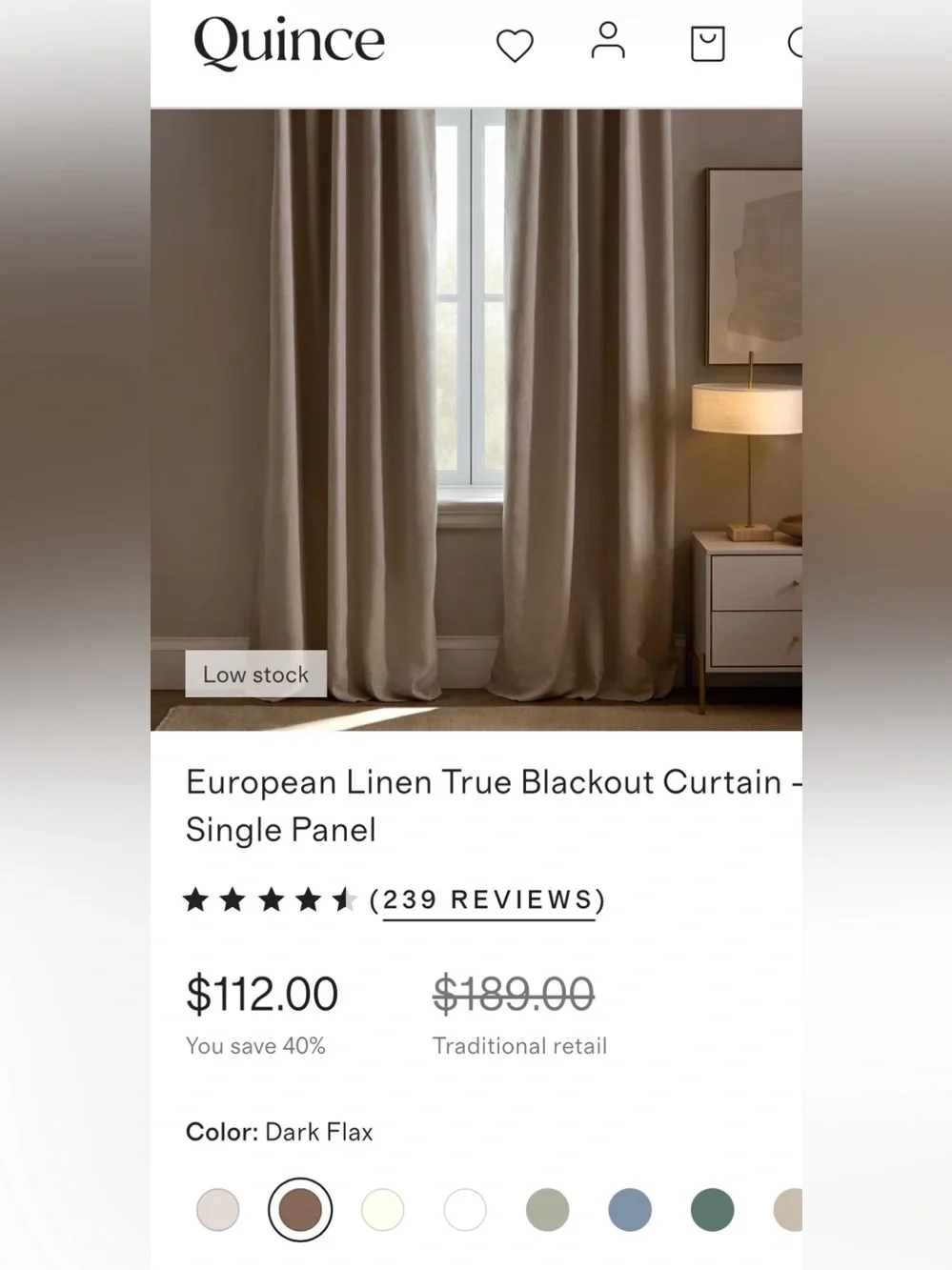 NWOT Quince European Linen True Blackout Curtain - Single Panel (Dark Flax)